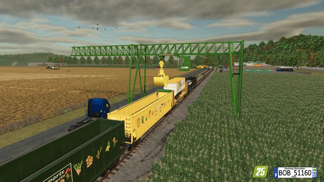 Farming Simulator 25 mods: A green grain wagon train mod from ZCA Trains fitted with a yellow grain hopper, carrying agricultural materials, on the farm tracks.