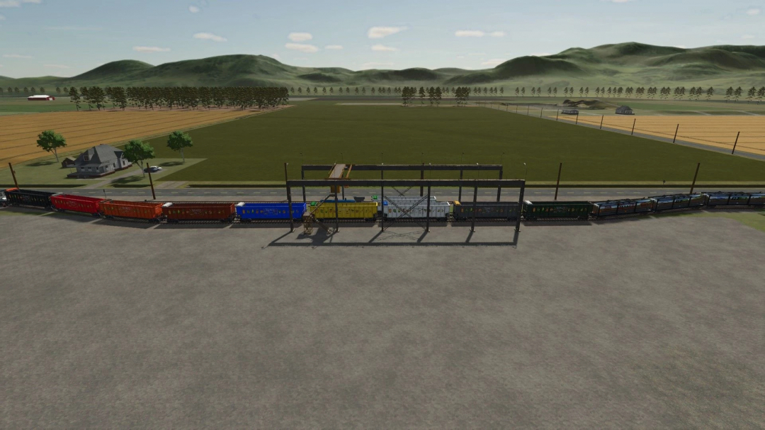 Farming Simulator 25 mod: a colorful model train on a railway with a grain wagon (ZCA Trains) v2.0.0.0 in Farming Simulator 25.