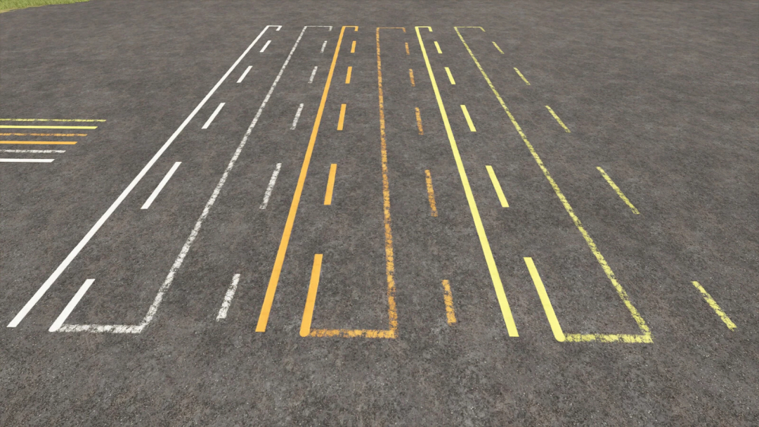 Farming Simulator 25 mod: Ground Line Decals v1.0.0.0 showing various painted lines on asphalt.