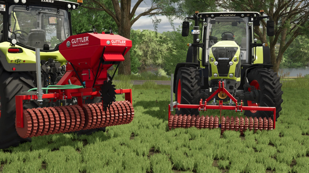 Farming Simulator 25 mod image showcasing red Güttler Matador 30 equipment attached to black and green tractors on a grassy field.
