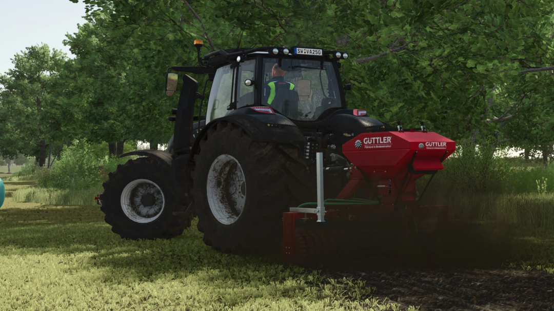 Farming Simulator 25 mod featuring a Guttler Matador 30 implement attached to a tractor in a green field.