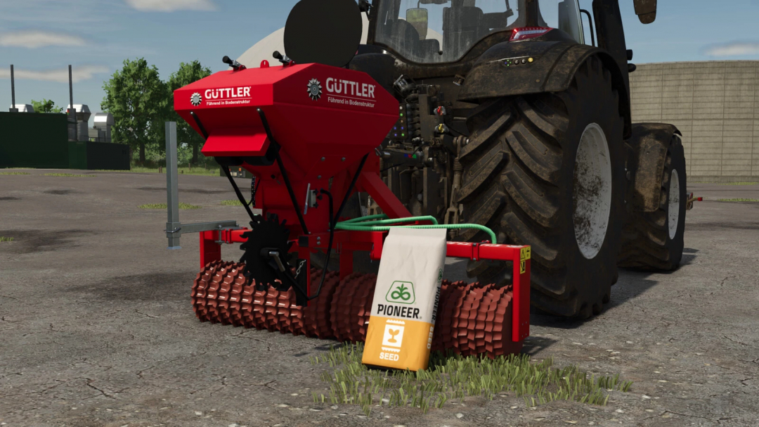 Farming Simulator 25 mod: Güttler Matador 30 seed drill attached to tractor for precise tillage, part of FS25 mods collection.