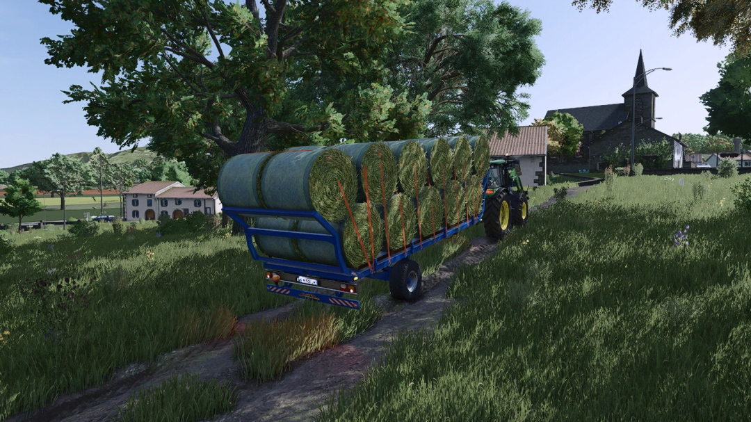 Farming Simulator 25 mod showing a bale trailer carrying hay bales on a rural farm.