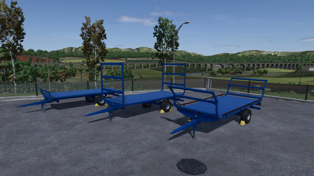 Three blue farming trailers with foldable ramps, suitable for FS25 mods in Farming Simulator 25.