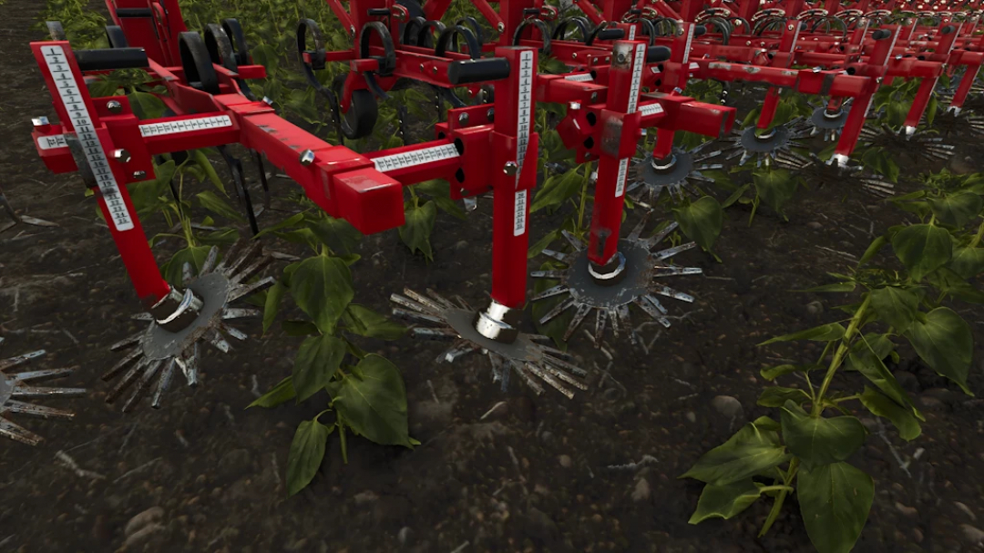 Farming Simulator 25 mods: Horsch Transformer 12 VF Rust Edition 1.1.0.0 agricultural implement working in a field of young plants.