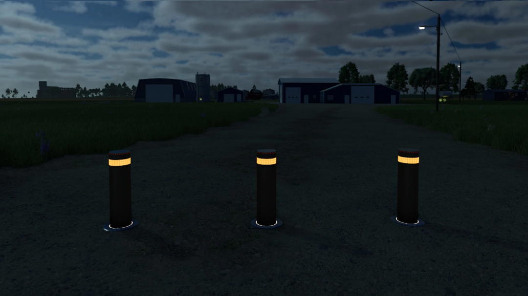 Farming Simulator 25 mod: Hydraulic Bollard v1.0.0.0 illuminated at dusk, used as a security barrier in the game.