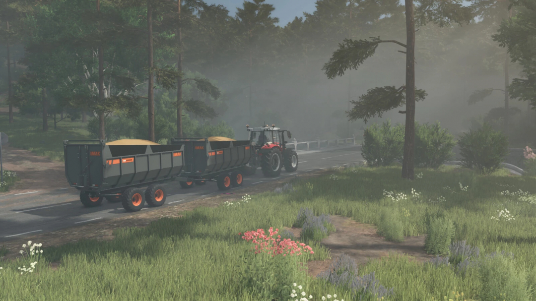 Farming Simulator 25 mod: tractor pulling a two-tone IMAK CF 10000 manure spreader on a rural road with greenery and trees.