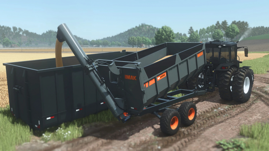 Farming Simulator 25 mod: IMAK CF 10000 grain trailer attached to a tractor on a farm field.