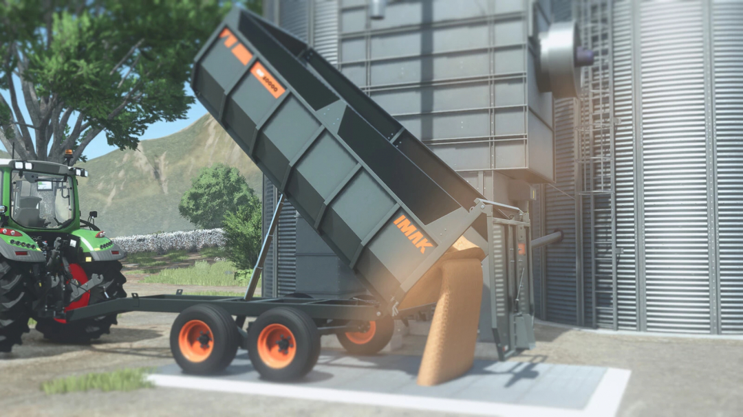 IMAK CF 10000 v1.0.0.0 mod in Farming Simulator 25, used for grain handling and transportation, shown unloading grain at a farm.
