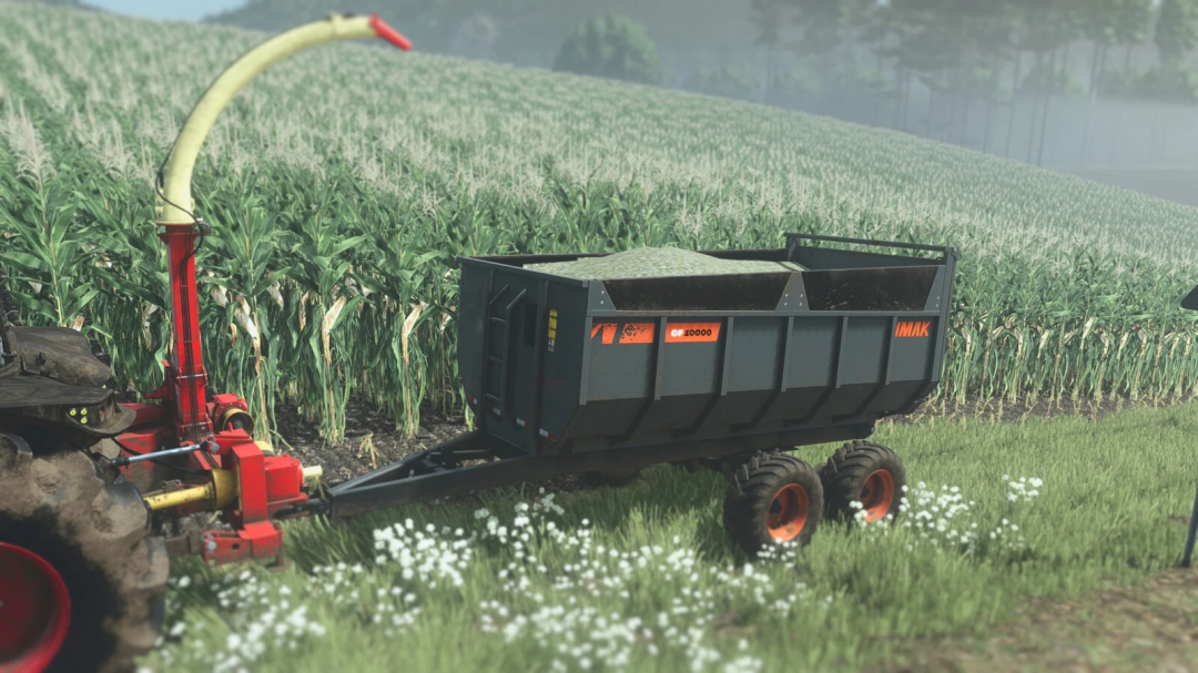Farming Simulator 25 mods: IMAK CF 10000 v1.0.0.0 grain trailer attached to a tractor in a crop field.