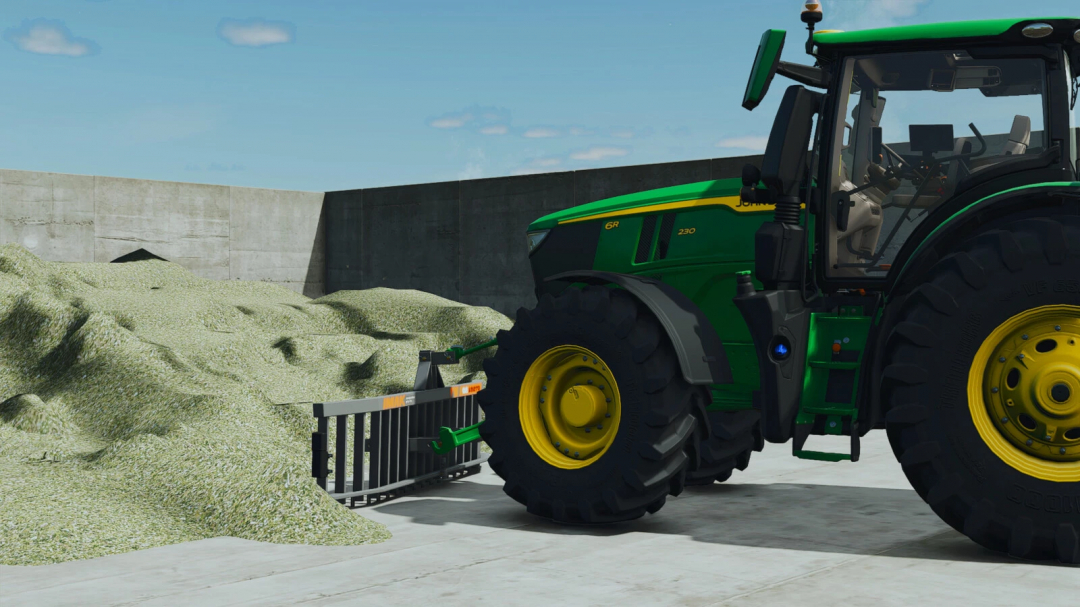 Farming Simulator 25 mod image showing a green John Deere tractor with IMAK GE 19270 attachment, in a farming storage area.