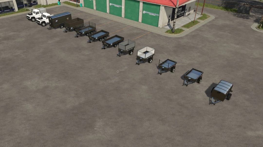 Lineup of various trailer mods for Farming Simulator 25, including the Ifor Williams Trailer pack v1.0.0.0, in a parking lot near a tractor center.