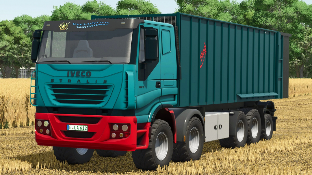 Farming Simulator 25 mod featuring a blue Iveco Stralis truck with trailers, set in a wheat field environment.