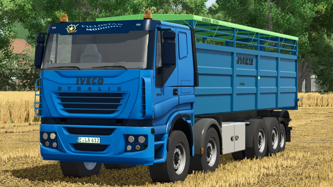 Blue Iveco Stralis truck with trailers in Farming Simulator 25, featuring mods by FS25 mods.