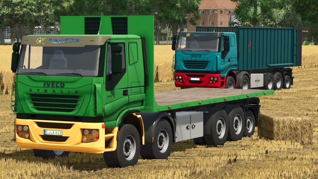 Farming Simulator 25 mod featuring a green Iveco Stralis flatbed truck with a blue Iveco Stralis container trailer, set in a wheat field.