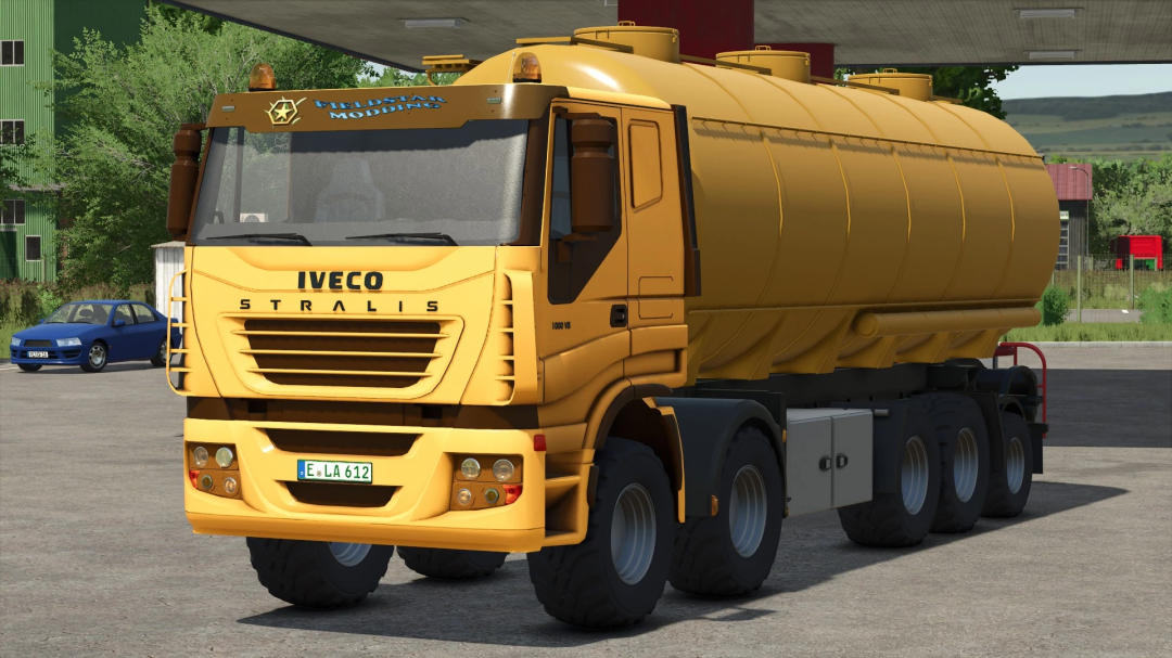 Farming Simulator 25 mod featuring a yellow Iveco Clixtar tank truck with trailers under a shelter, realistic textures and details.