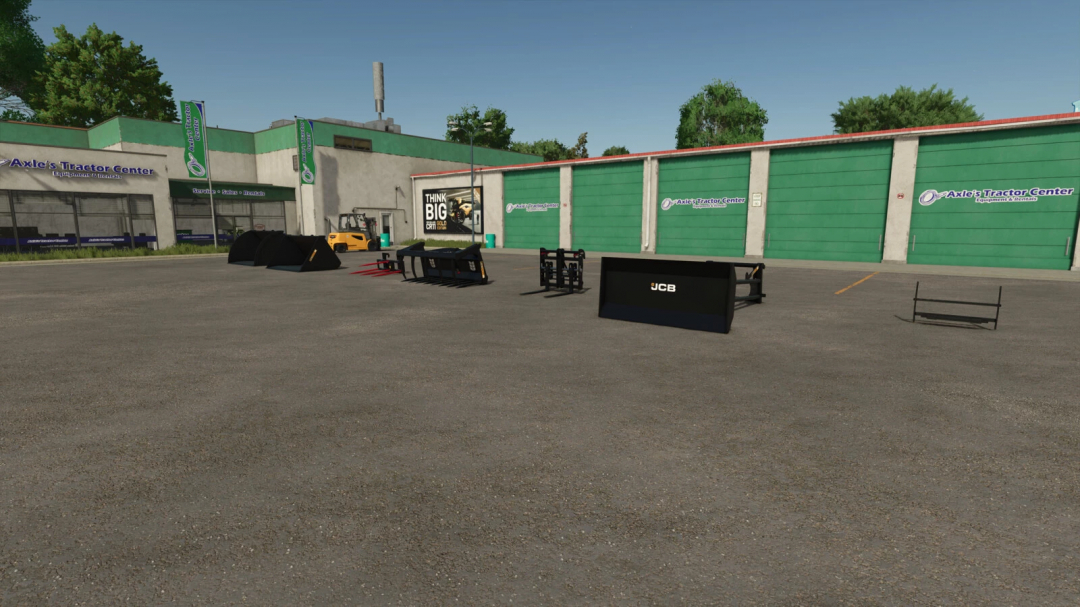 Farming Simulator 25 mods featuring JCB attachments displayed outside Axle's Tractor Center in the parking lot.