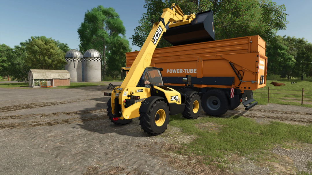 Farming Simulator 25 mod showing a JCB telehandler with orange Power-Tube attachment on a farm.