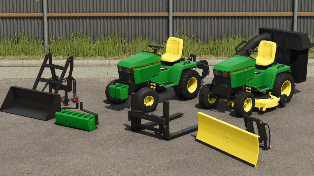 Farming Simulator 25 mods: John Deere 445 utility and mower, with attachments like loader, blade, and front-mount accessories.