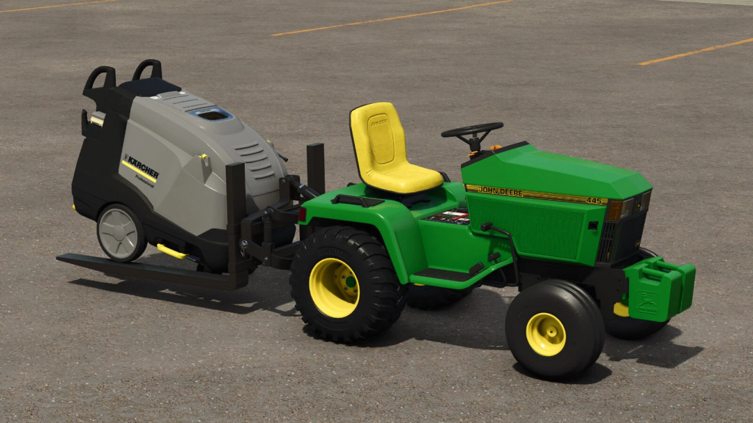 Farming Simulator 25 mod featuring a John Deere 445 tractor with a Kärcher Professional pressure washer attachment.