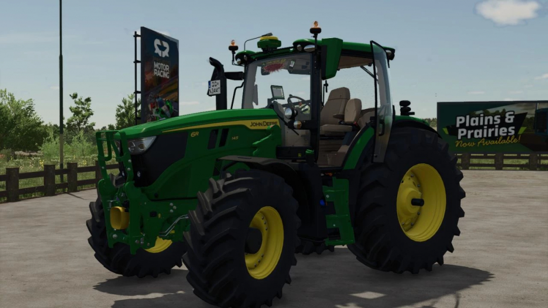 John Deere 6R tractor mod for Farming Simulator 25, featuring green and yellow design with large tires, suitable for FS25 mods.