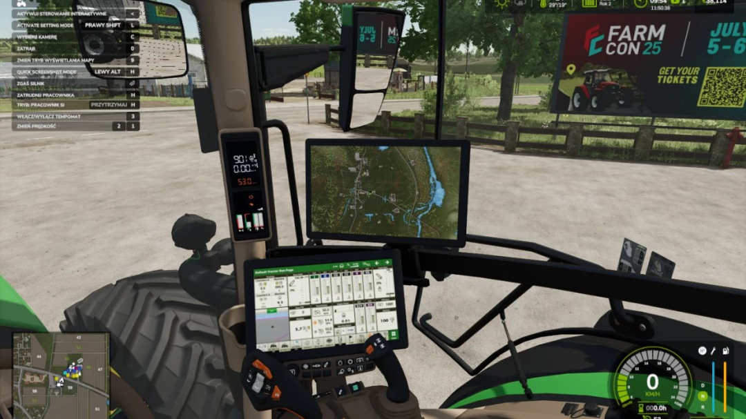 Inside view of a Farming Simulator 25 mod tractor with multiple screens displaying map, equipment status, and controls, including John Deere 6R 145-250 v1.0.0.0.