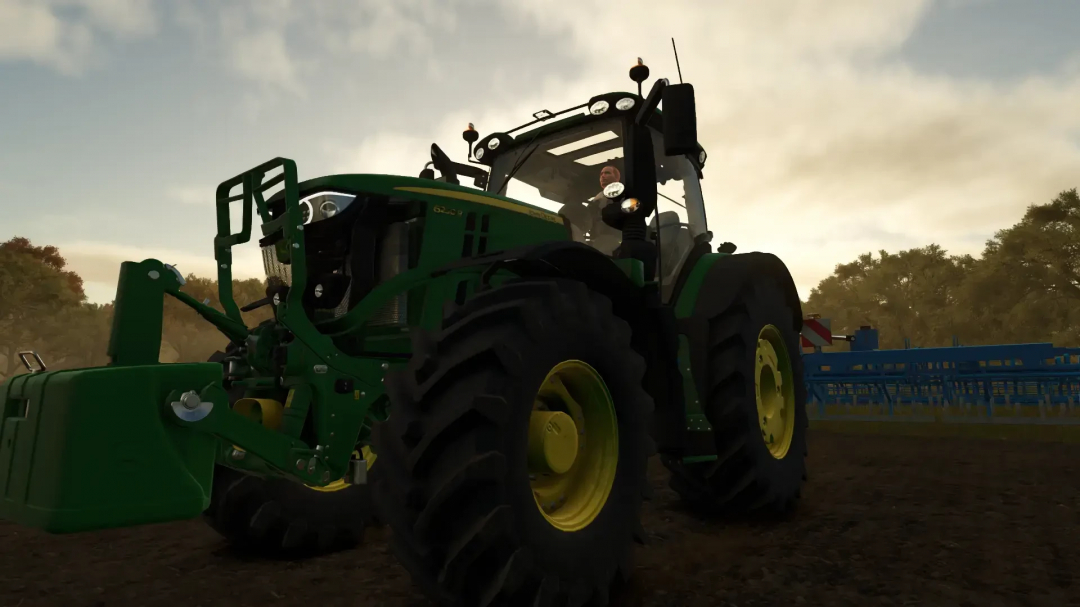 Farming Simulator 25 mod featuring a John Deere 6R tractor on a farm during sunset.