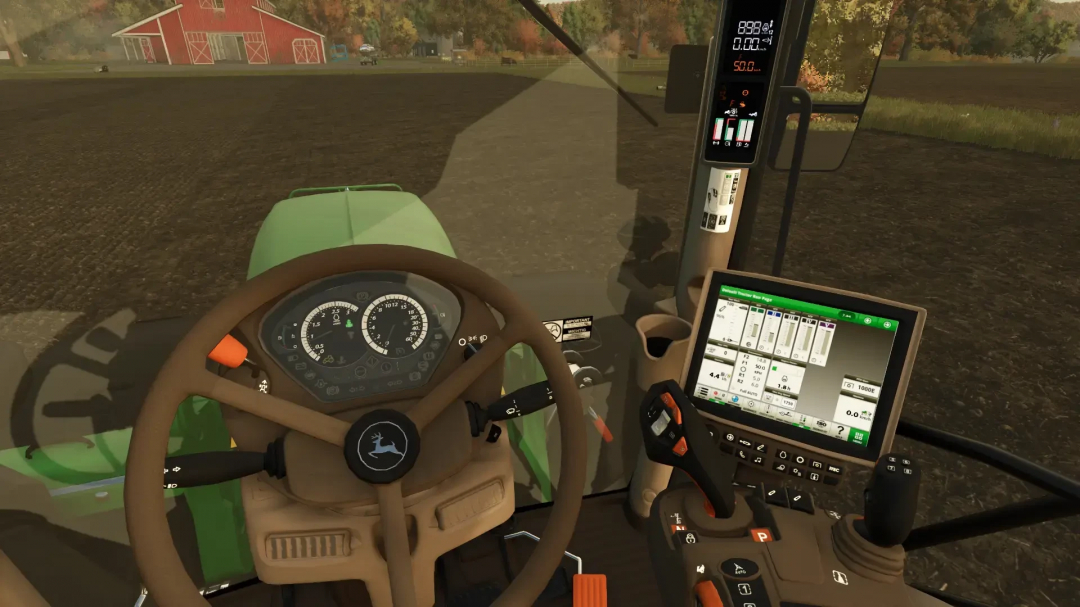 Inside a Farming Simulator 25 mod tractor with John Deere 6R v1.0.4.0, showing digital controls, steering wheel, and a tablet display in a field.