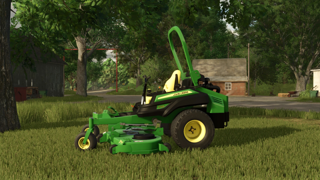 Farming Simulator 25 mods: John Deere 994R Zero Turn mower in a rural yard with trees and farm buildings.
