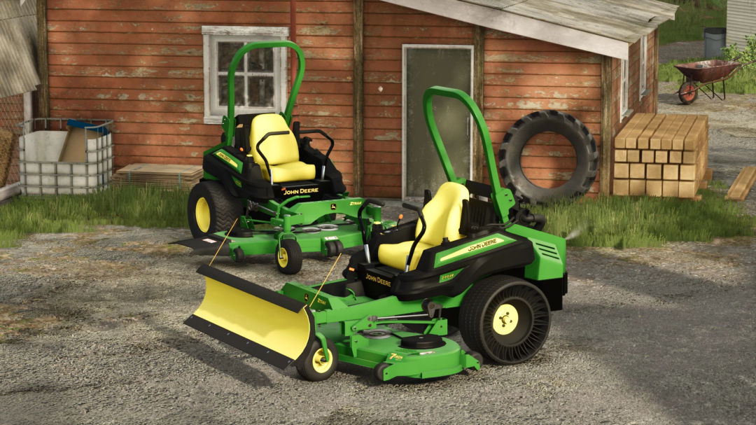 Farm equipment featuring John Deere zero-turn lawn mowers in Farming Simulator 25 mods, positioned outside a rustic barn.