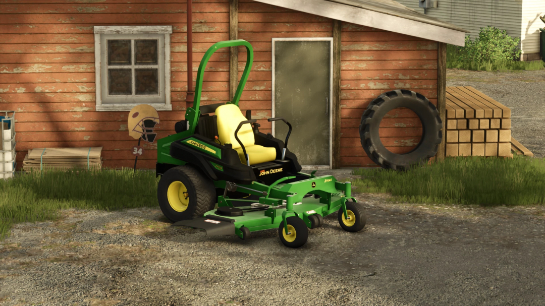 John Deere 994R Zero Turn mower mod in Farming Simulator 25, parked outside a wooden shed with tires and stacked wood.