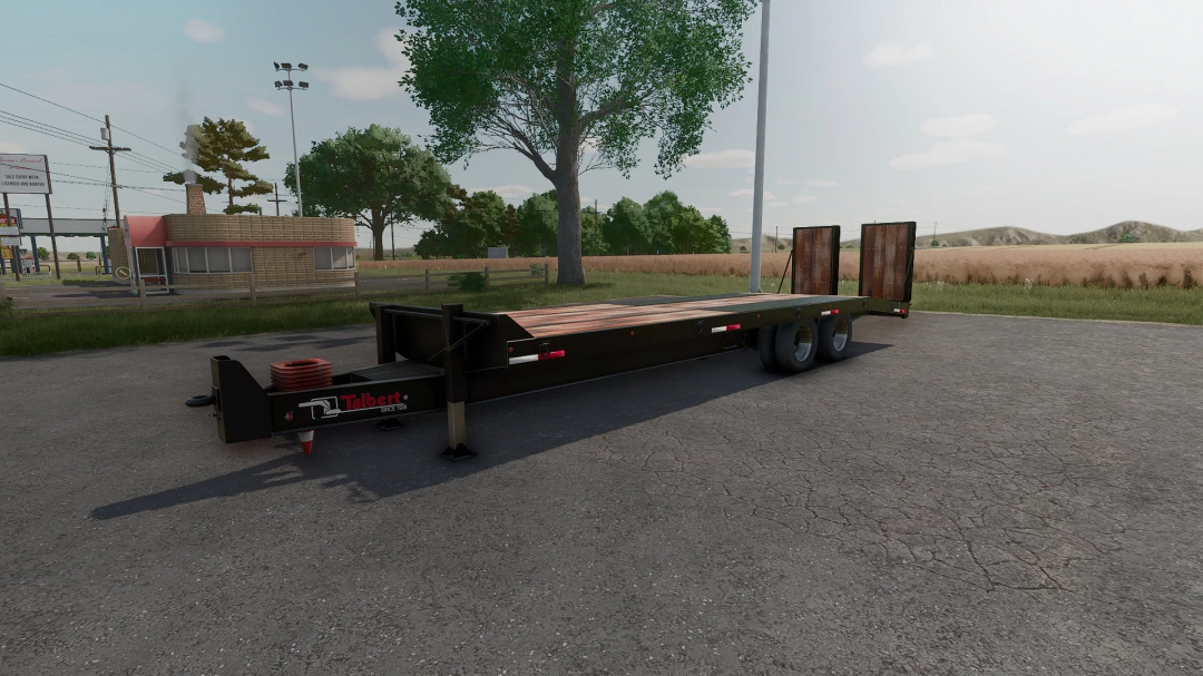 Farming Simulator 25 mod displaying a Talbert flatbed trailer, used for transporting John Deere Air Seeder in FS25.
