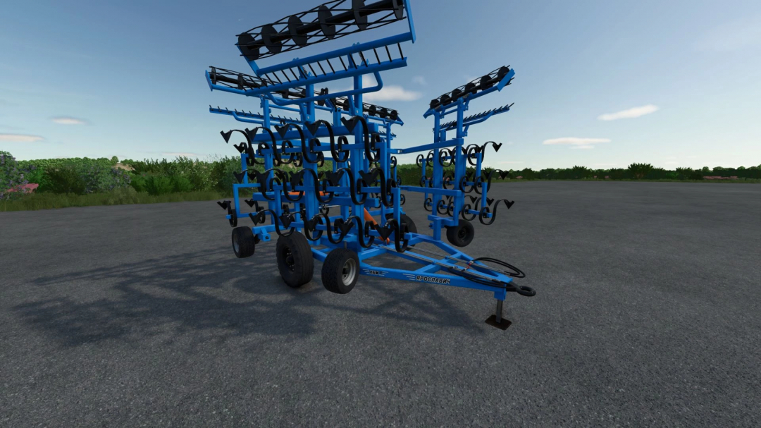 Farming Simulator 25 mod: KBM-8PS v1.0.0.4 multi-row cultivator on an open asphalt lot for realistic farming tasks.