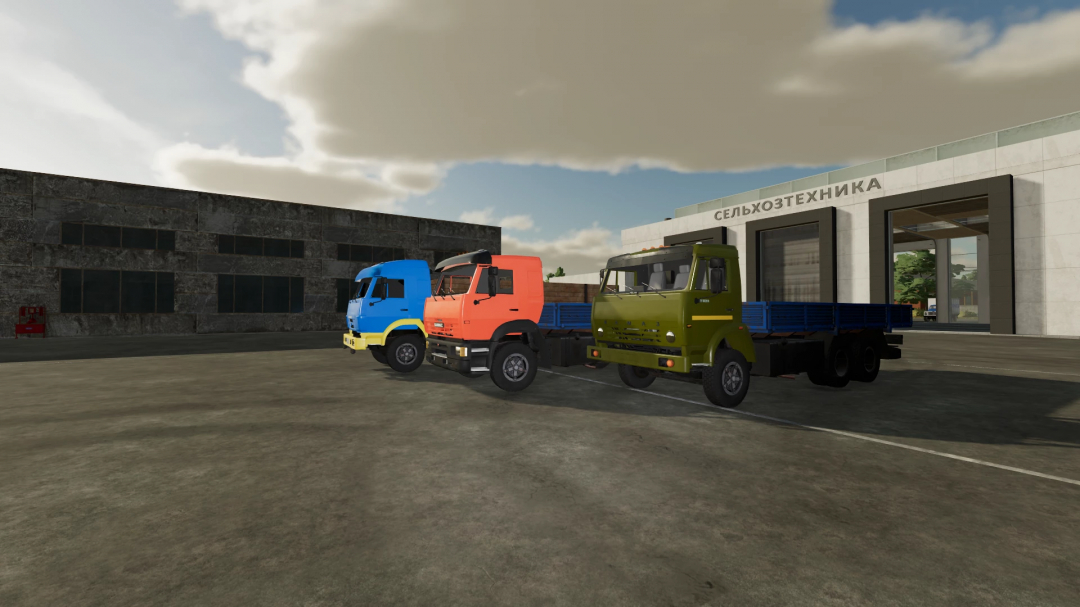 Three colorful FS22 mod trucks parked outside an agricultural machinery store in Farming Simulator 22.