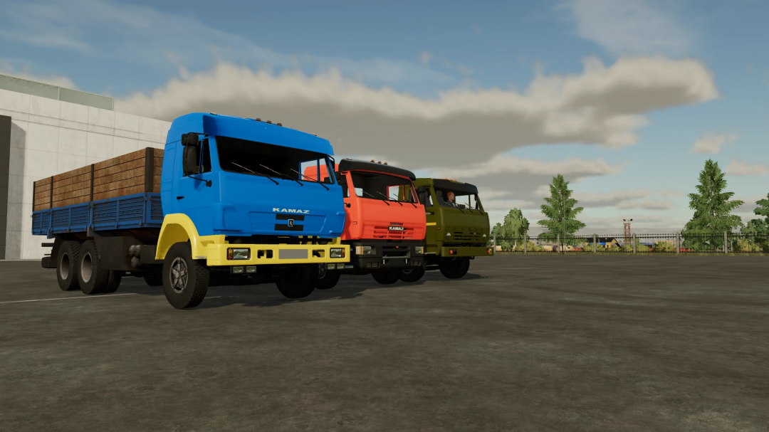 Farming Simulator 22 mods featuring colorful KamAZ trucks, including a blue, red, and green KamAZ 53215 on a farmyard.
