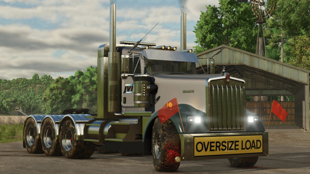 Farming Simulator 25 mod features a Kenworth W900L truck with oversized load sign, chrome details, and realistic design for FS25 mods.