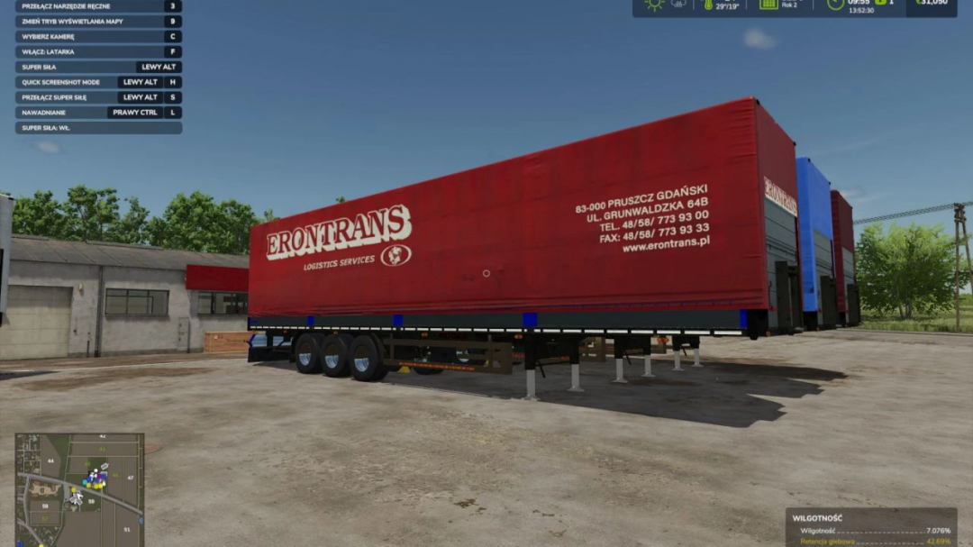 Farming Simulator 25 mod featuring the ERONTRANS logistics trailer pack 2 in-game, showcasing detailed trailer with red and blue color scheme, for FS25 mods.