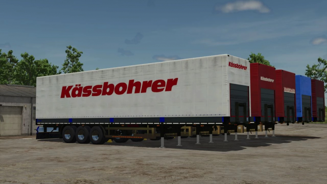 FS25 mod: Kögel / Kässbohrer Trailer Pack 2 v1.0.0.0 with multiple trailers in white, red, and blue featuring Kässbohrer branding.