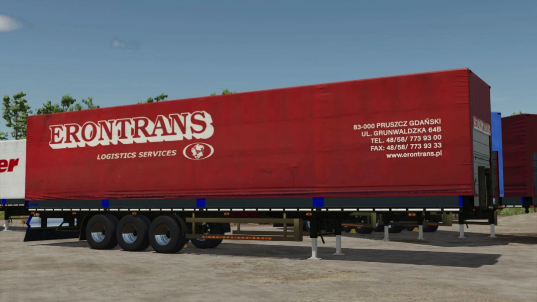 Farming Simulator 25 mod image of a red Erotrans trailer with contact details, used for logistics services in the game.