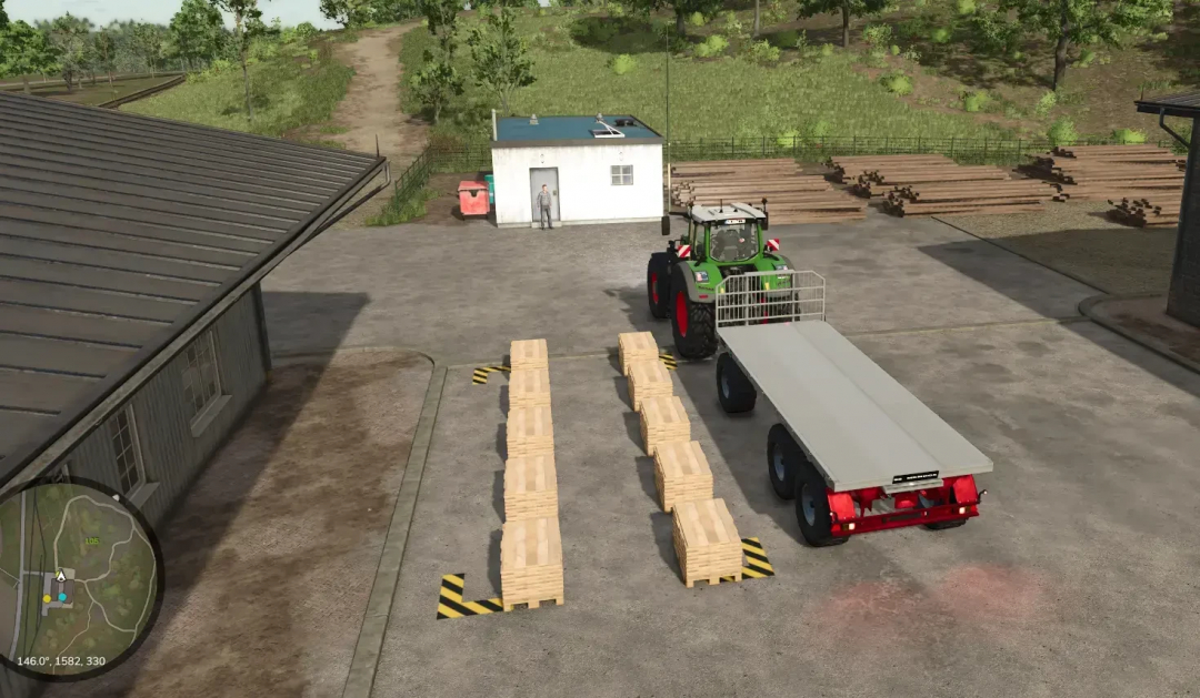 Farming Simulator 25 mods: Tractor with flatbed autoload trailer and stacked wooden pallets in a farmyard setting.