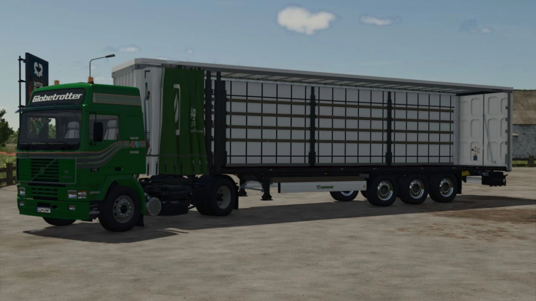 Farming Simulator 25 mod: Krone Profi Liner AgriLine trailer attached to a green Globetrotter truck.