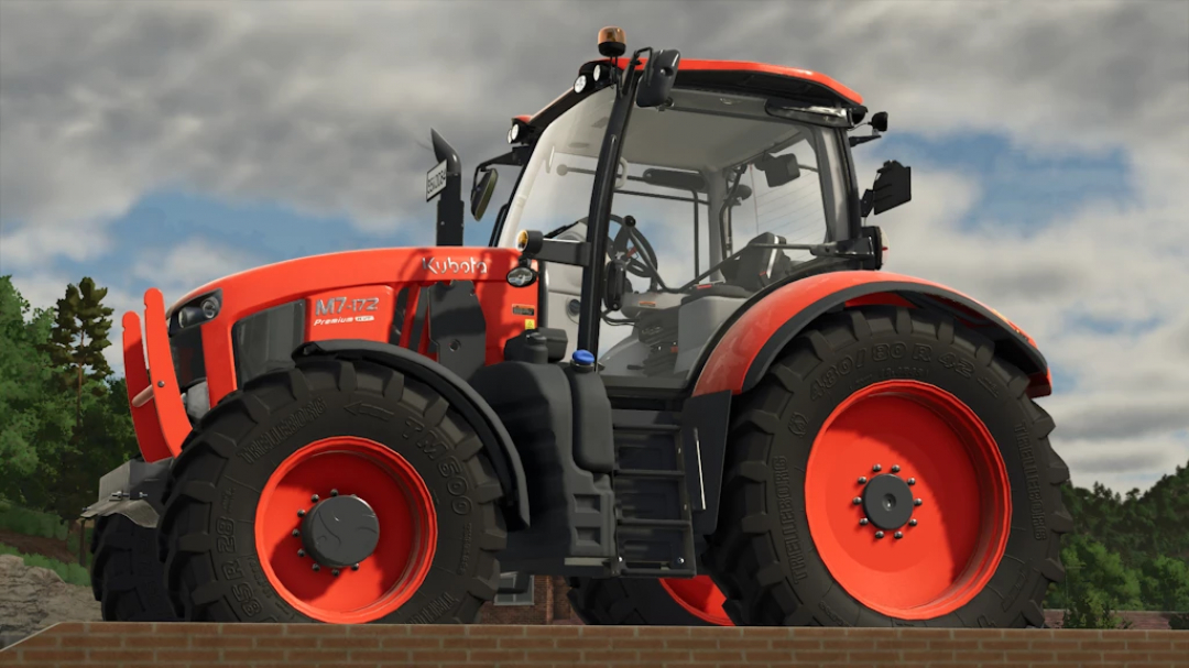 Farming Simulator 25 mod: Kubota M7 Rust Edition 1.0.0.0 tractor with orange and black design.