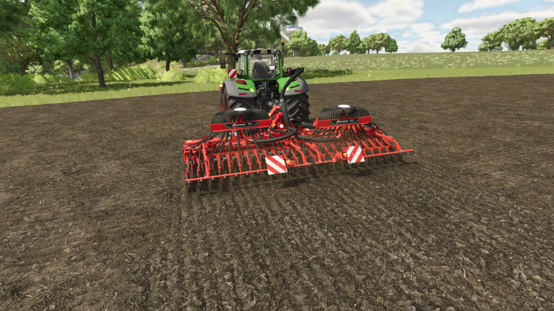 Farming Simulator 25 mod: Kverneland DF 2 implement attached to a tractor on tilled soil.