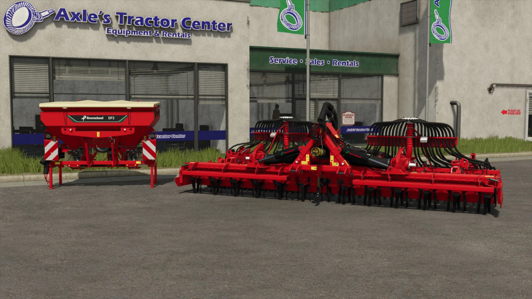 Farming Simulator 25 mod: Kverneland DF 2 seed drill parked outside Axle's Tractor Center dealership.