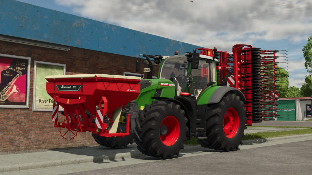 Farming Simulator 25 mod: Kverneland DF 2 fertilizer spreader attached to a Fendt tractor, parked outside a building in FS25 game.