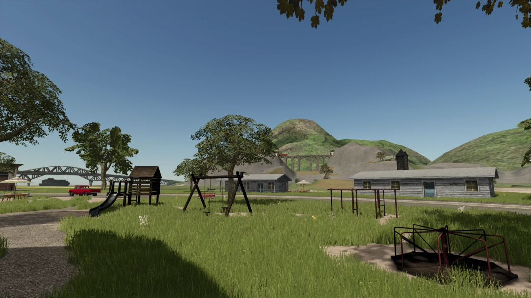 Farming Simulator 25 mod: Rural scene with playground, trees, wooden houses, and mountains, in Lakeside FS11 Remake V1.0.0.0.