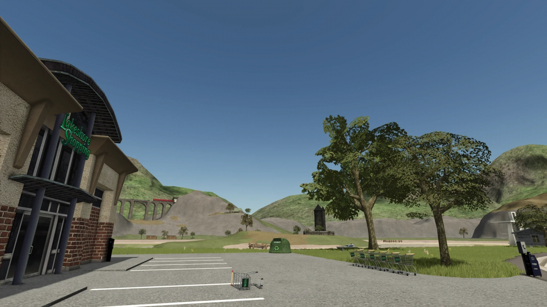 Farming Simulator 25 mod: Lakeside FS11 Remake V1.0.0.0, showing a parking lot and landscape with shopping center, trees, and mountains.