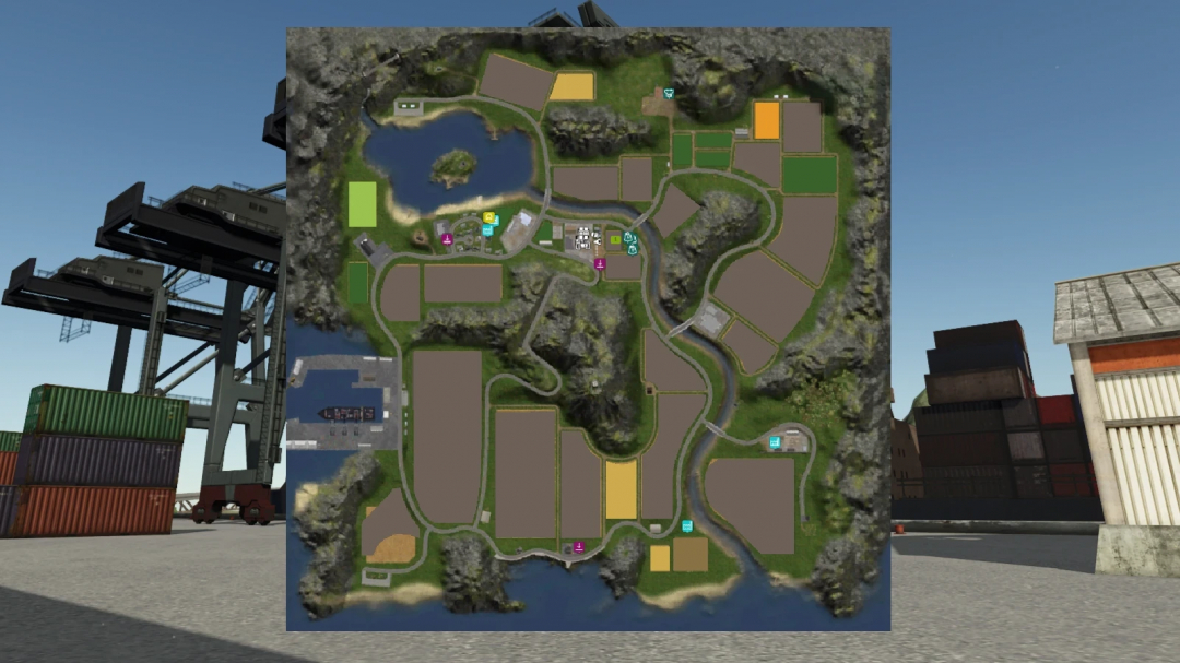 Map overview of Lakeside FS11 Remake V1.0.0.0 mod for Farming Simulator 25, featuring lakes, fields, roads, and various in-game locations.