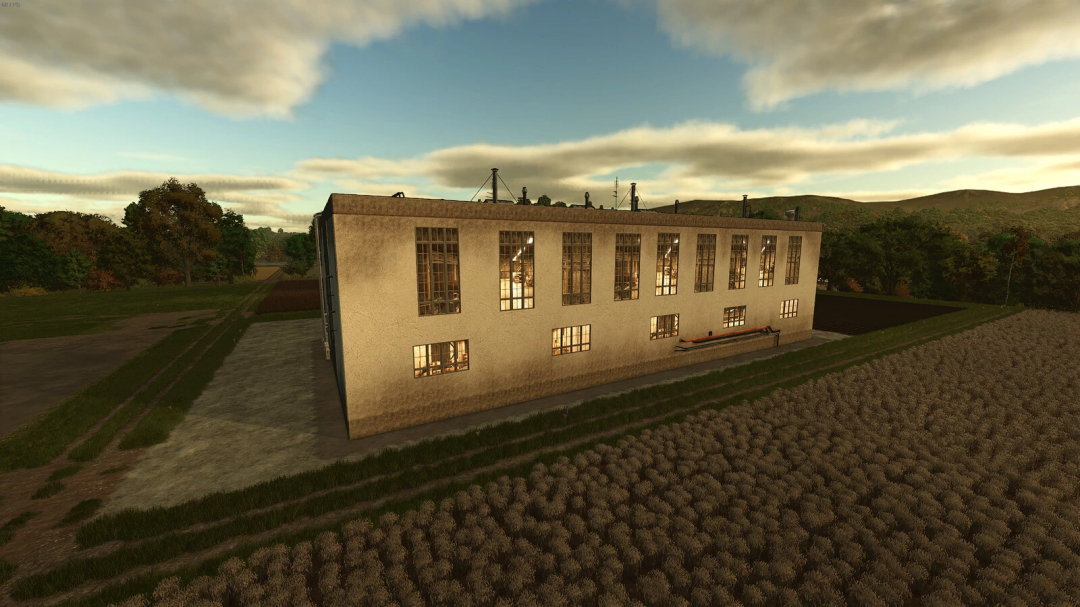 Large decorative building in Farming Simulator 25 mod, showcasing a factory-like structure during sunset.