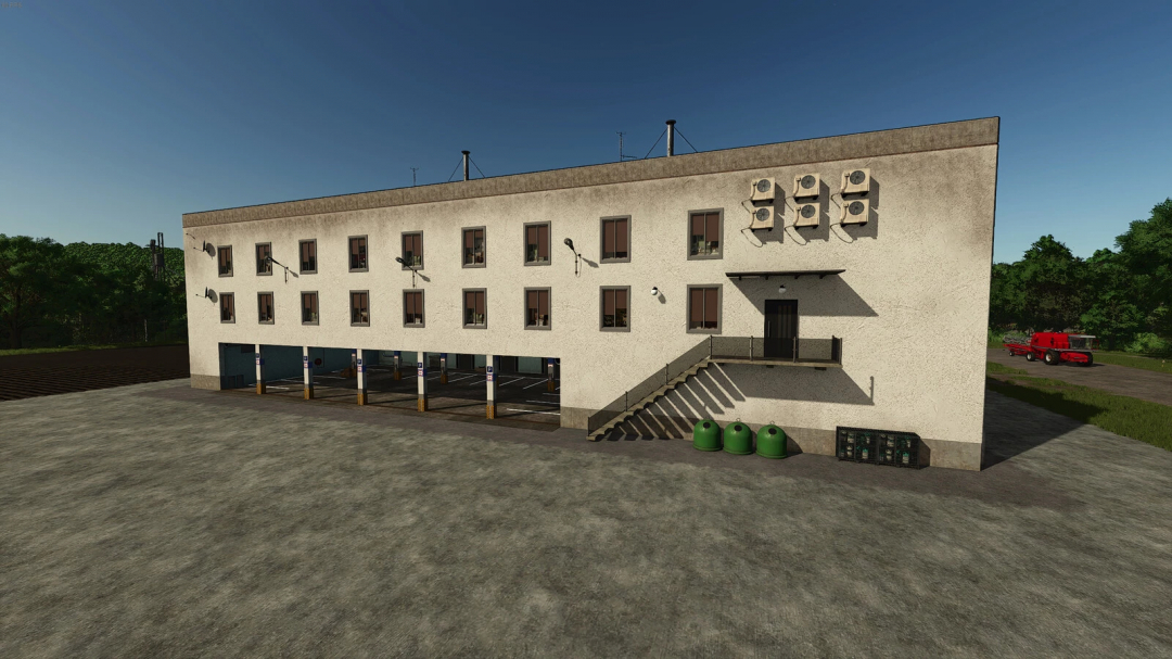 Large decorative building with parking, stairs, and air conditioning units in Farming Simulator 25 mods for Farming Simulator 25.